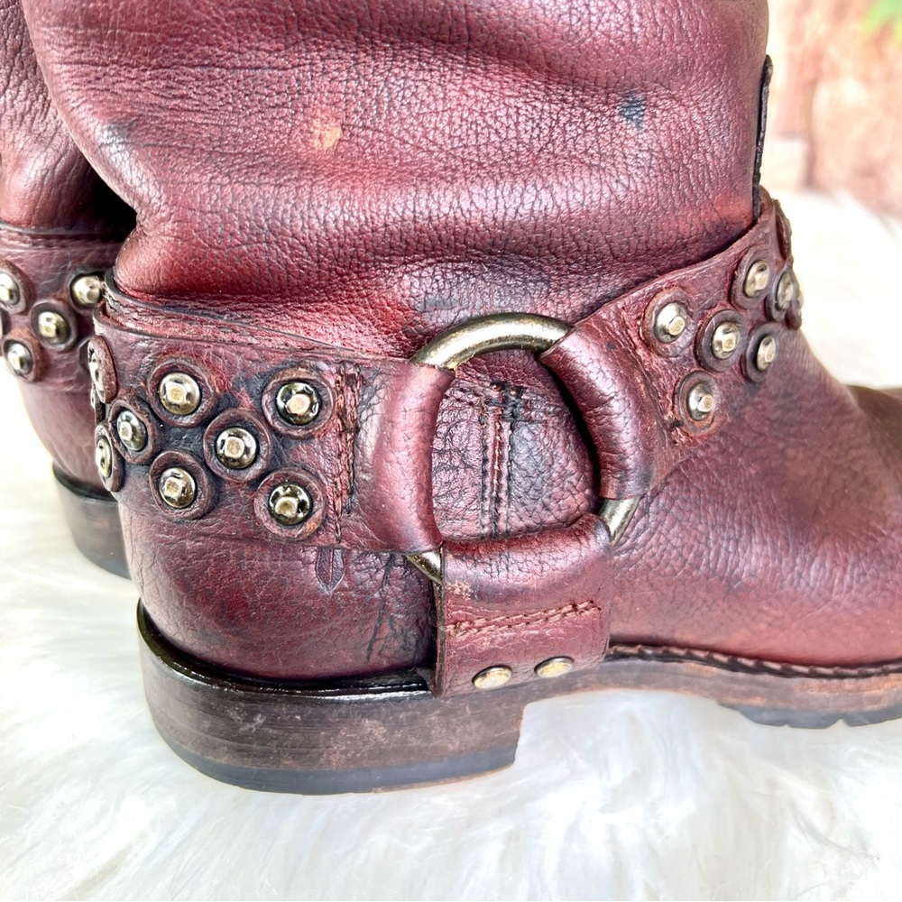 FRYE Heath Disc Harness Distressed Cognac Leather Boots, Beautiful Patina, 6B - Picture 14 of 16
